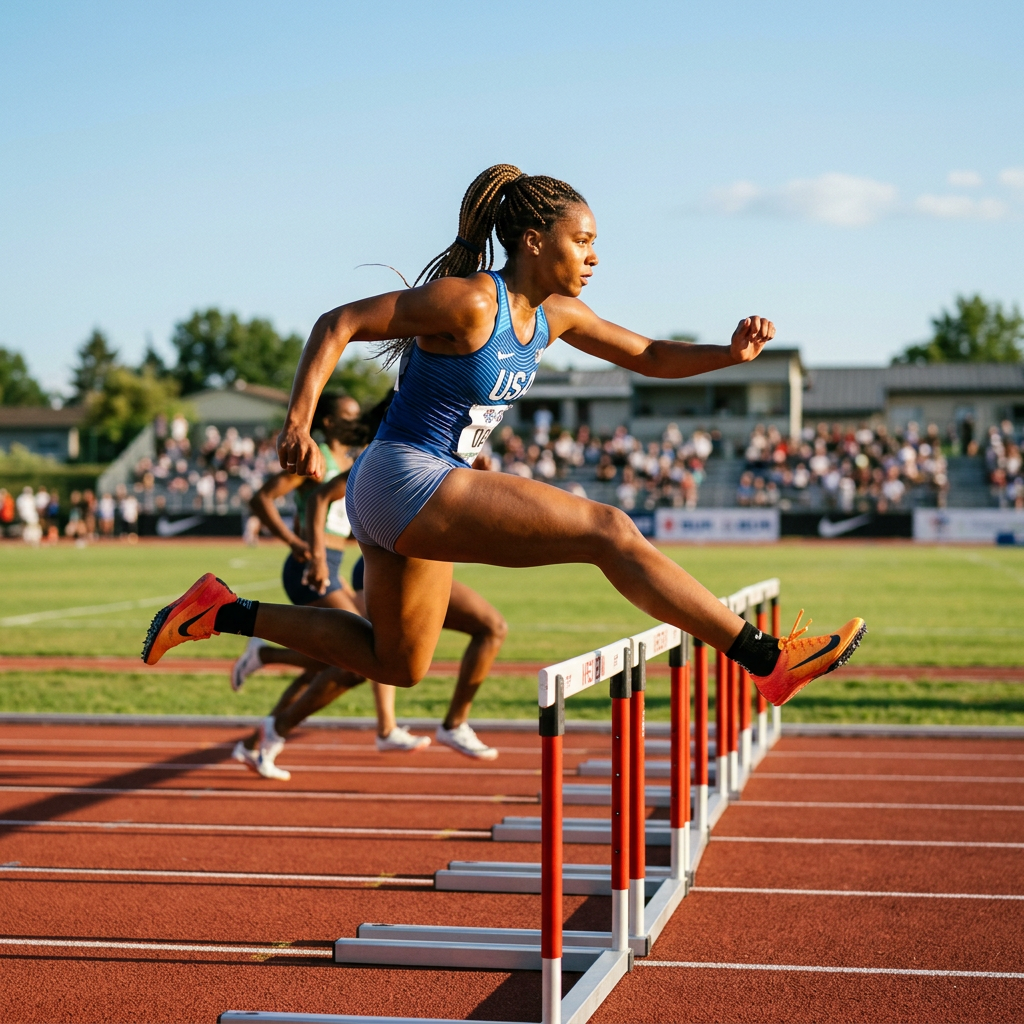 Female US track athlete jumping over hurdle on race track